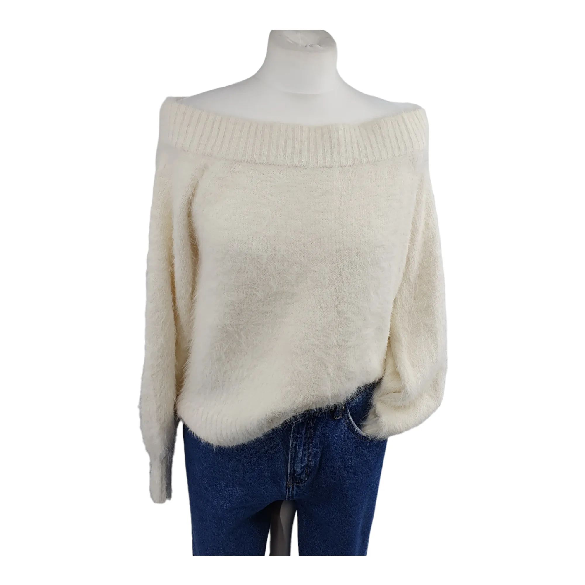 White Fluffy Crop Off Shoulder Knit - UK 12 Medium