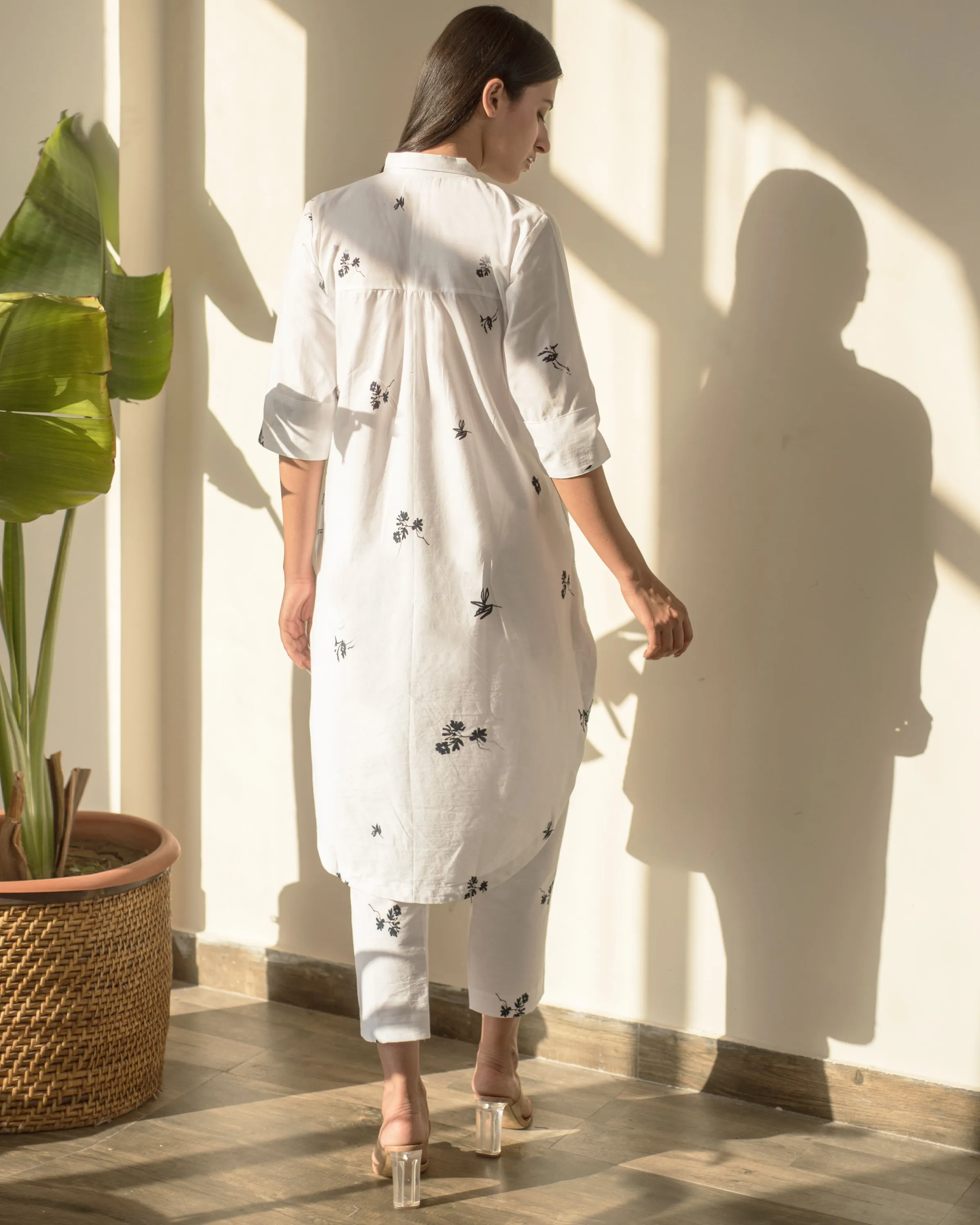 White printed Shirt tunic and pant set (Set of 2)