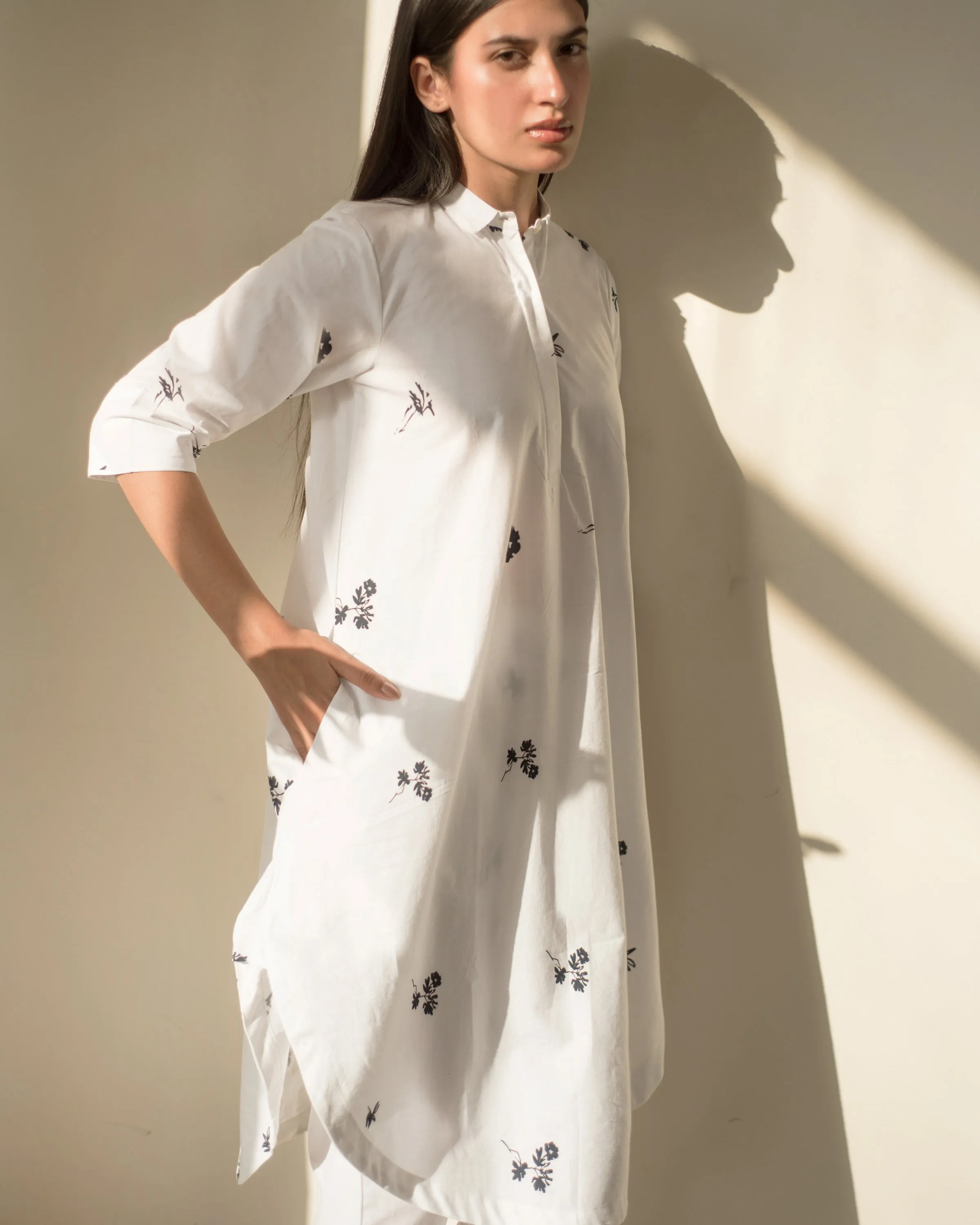 White printed Shirt tunic and pant set (Set of 2)