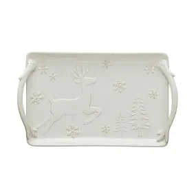 White Stoneware Platter, Deer   Snowflakes