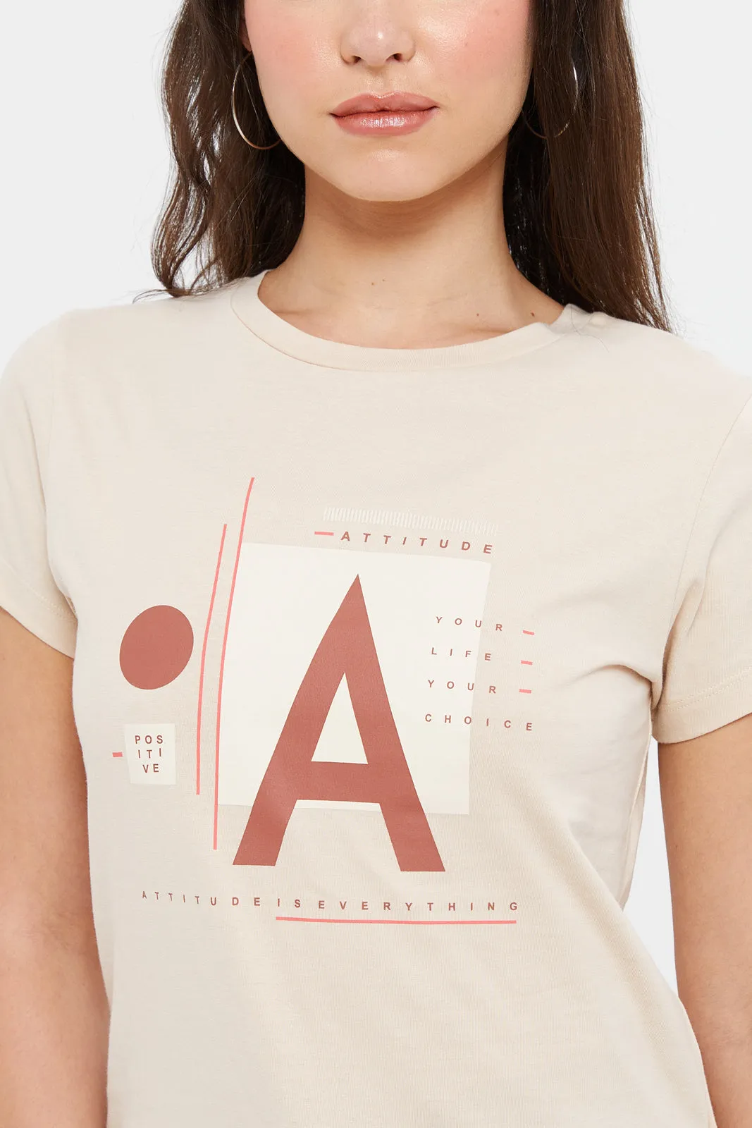 Women Beige Attitude Printed T-Shirt