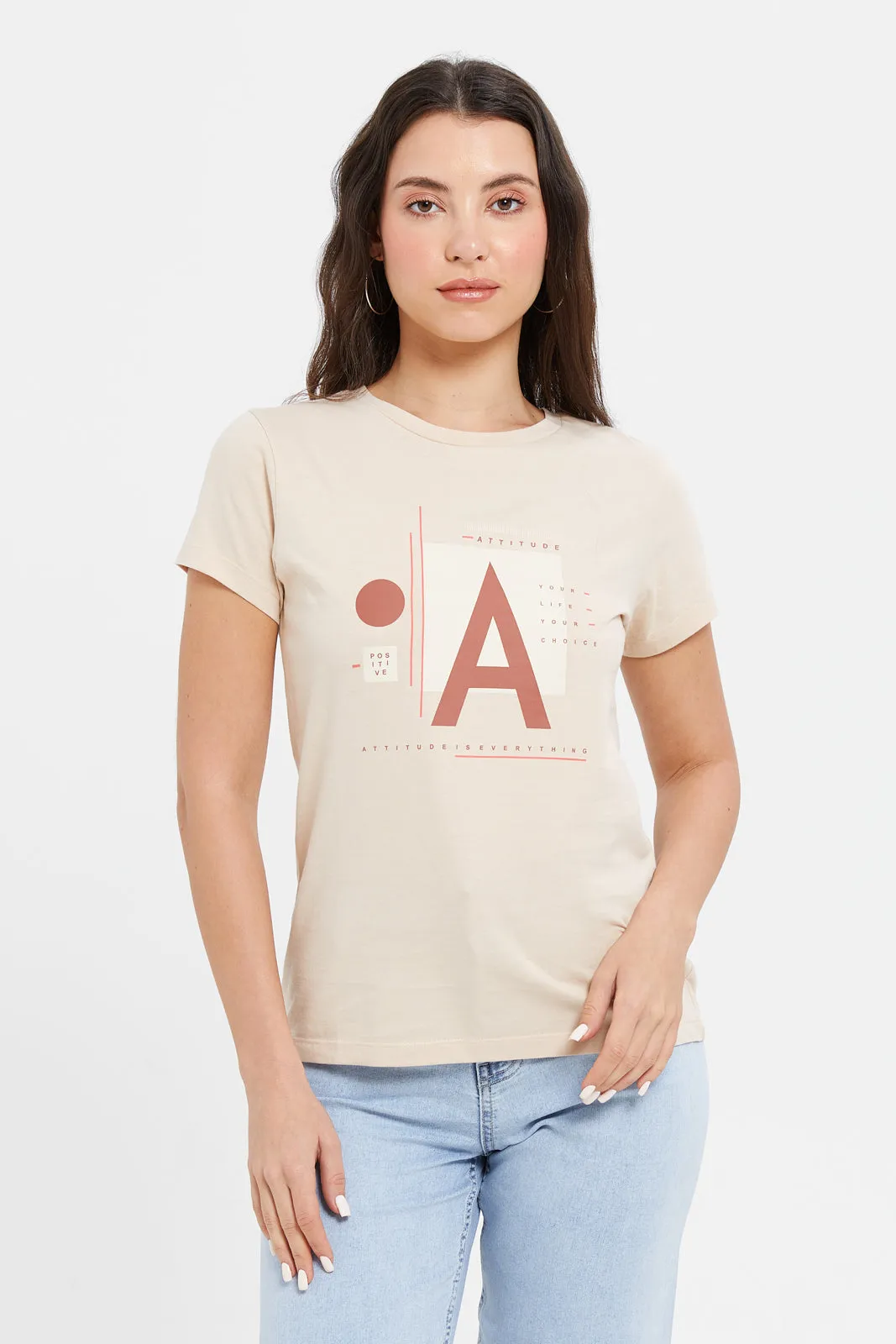 Women Beige Attitude Printed T-Shirt