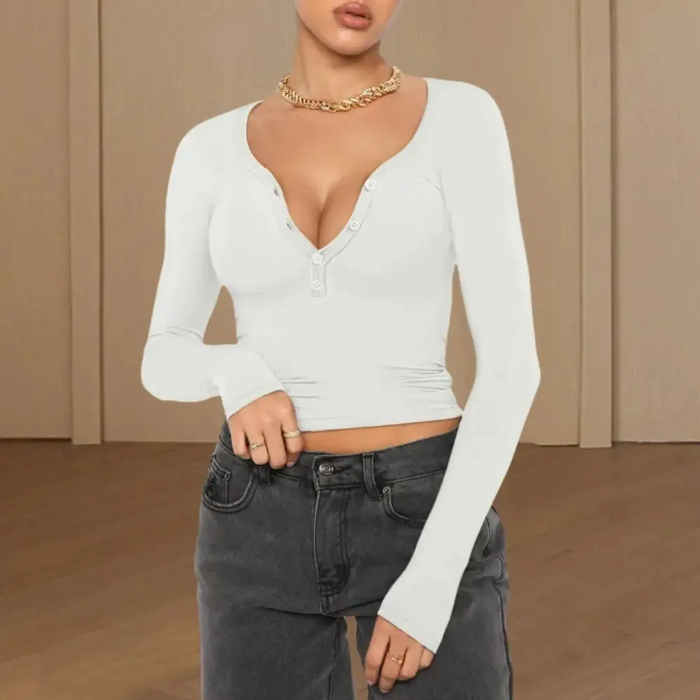 Women Deep Neck Long Sleeve Slim Button Neckline Crop Top