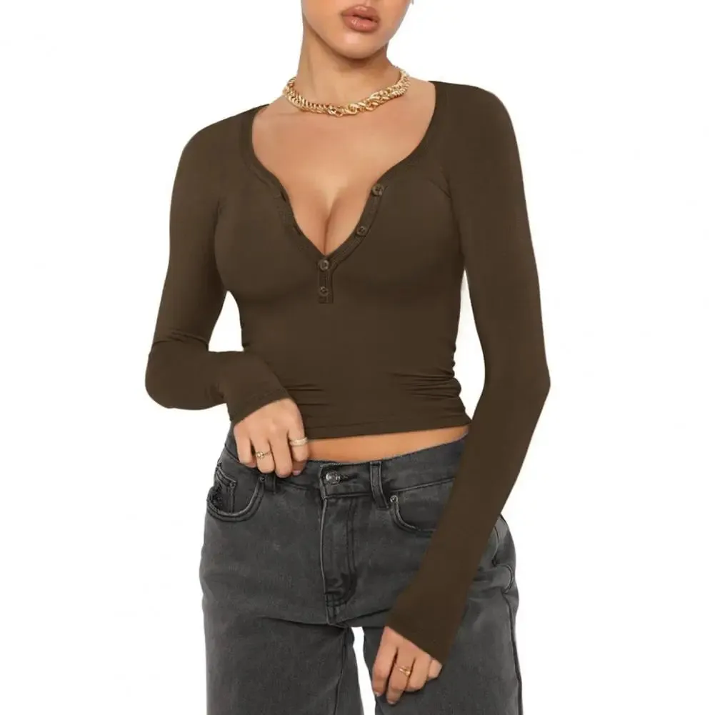 Women Deep Neck Long Sleeve Slim Button Neckline Crop Top