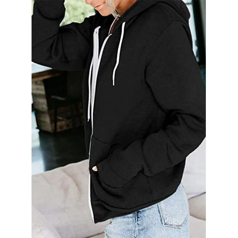 Women long sleeve zip up drawstring sports hoodie sweatshirt