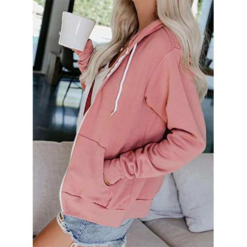 Women long sleeve zip up drawstring sports hoodie sweatshirt