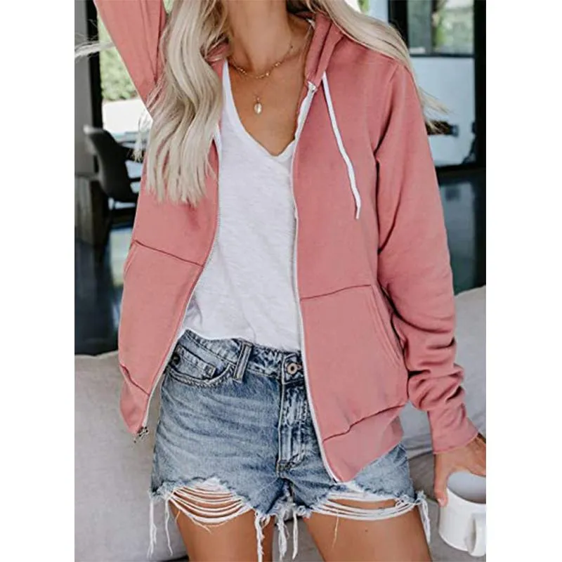 Women long sleeve zip up drawstring sports hoodie sweatshirt