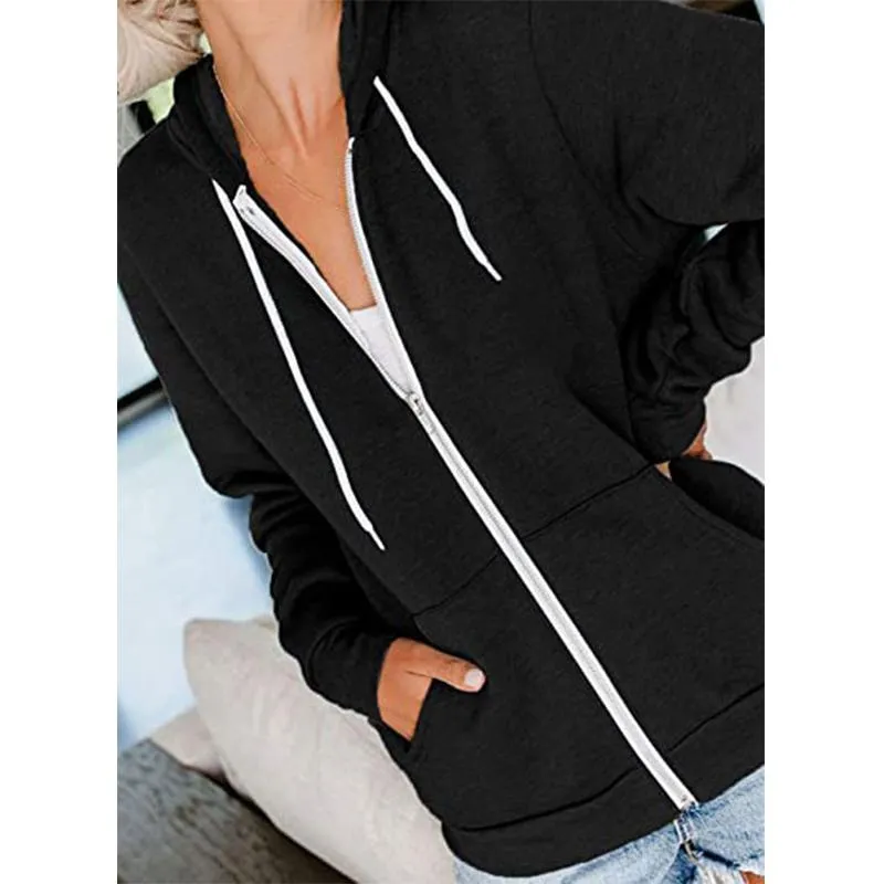 Women long sleeve zip up drawstring sports hoodie sweatshirt