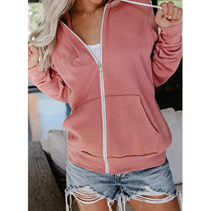 Women long sleeve zip up drawstring sports hoodie sweatshirt