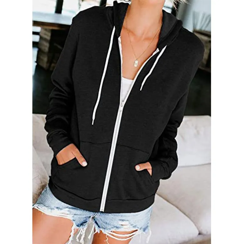 Women long sleeve zip up drawstring sports hoodie sweatshirt