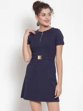 Women Navy Blue Shift Mini Dress With Pockets