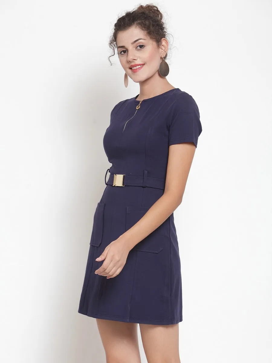 Women Navy Blue Shift Mini Dress With Pockets