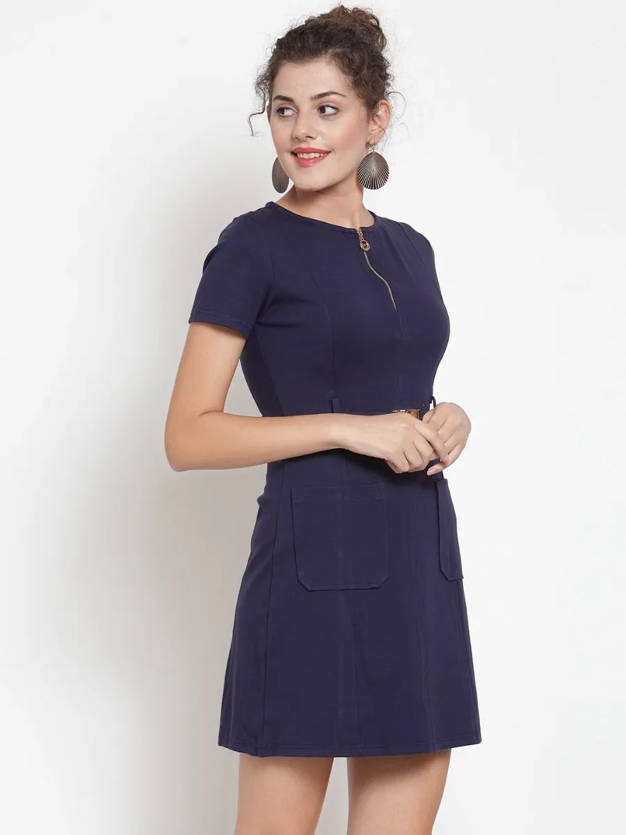 Women Navy Blue Shift Mini Dress With Pockets