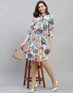 Women Off White Floral Print Collar Neck 3/4 Sleeve Dress