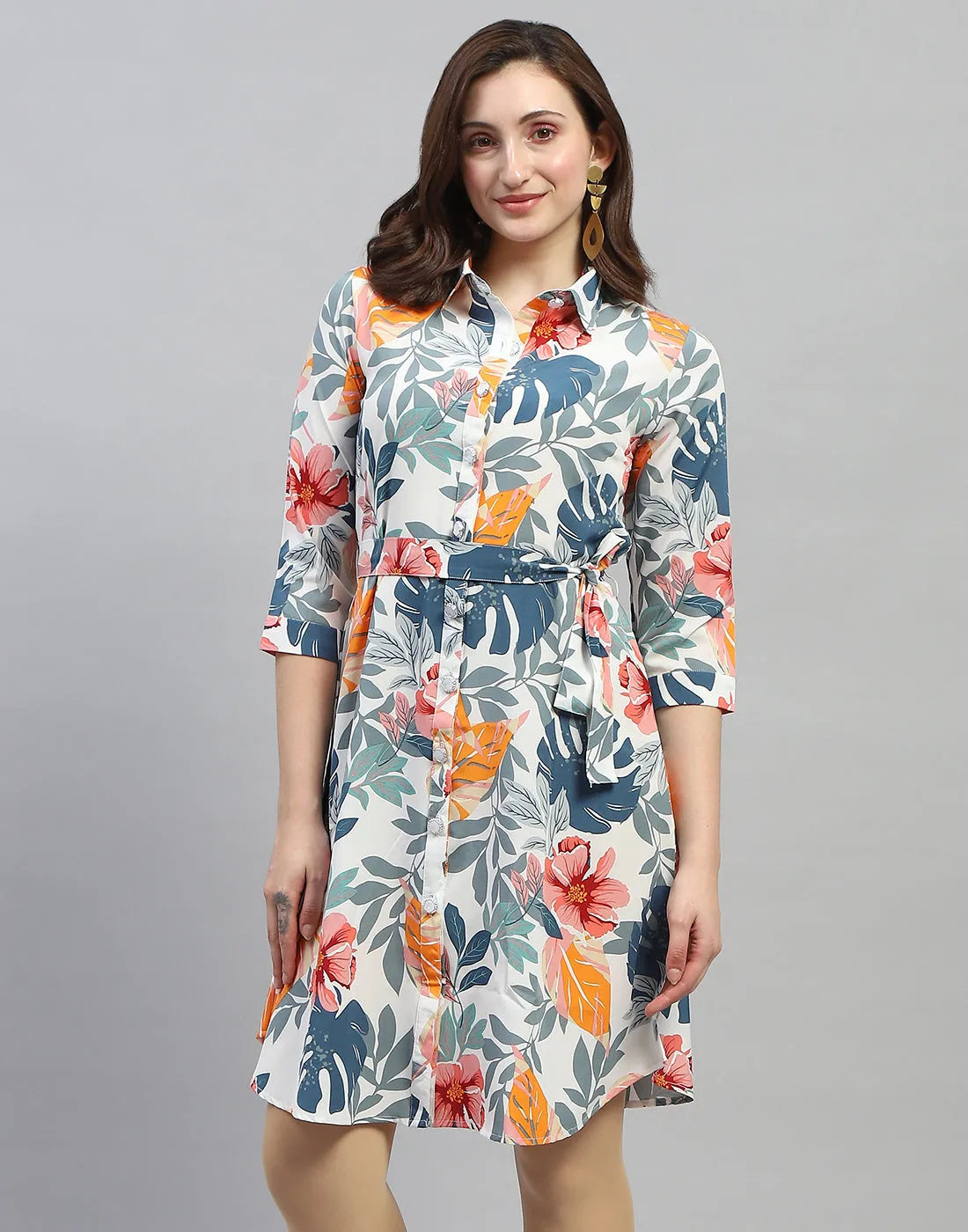 Women Off White Floral Print Collar Neck 3/4 Sleeve Dress