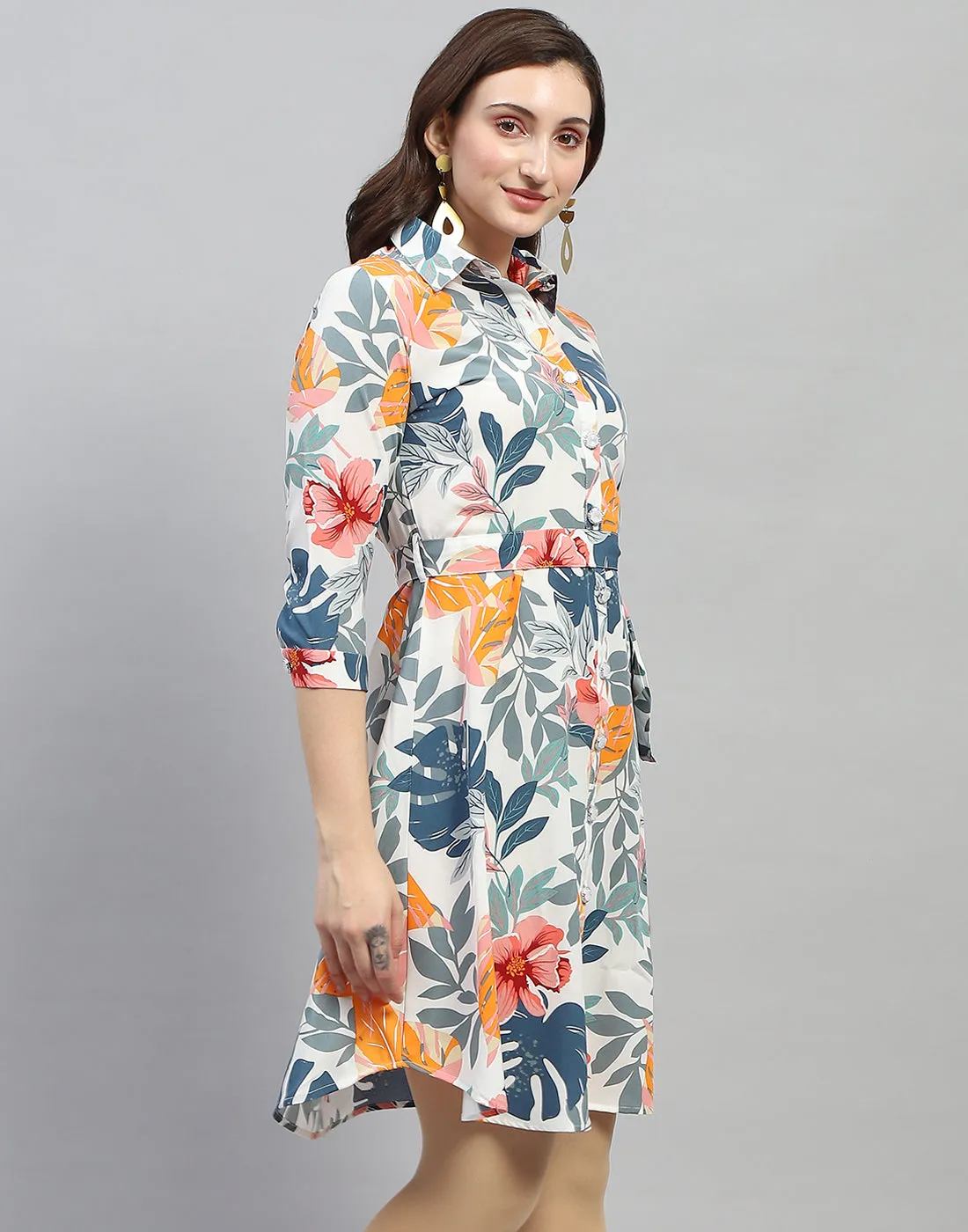 Women Off White Floral Print Collar Neck 3/4 Sleeve Dress