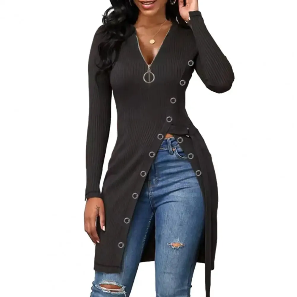 Women Spring Top Zipper V Neck Long Sleeve High Split Hem Lace Blouse