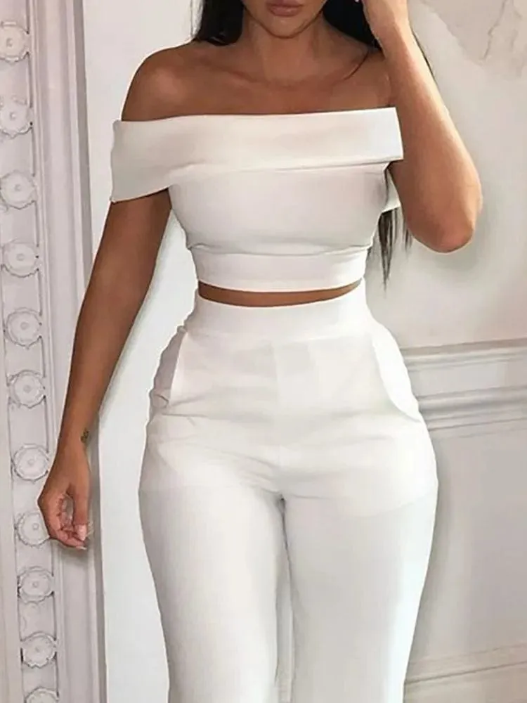 Women Two Piece  Casual Solid Slim High Waist Long Pants Office Lady Set