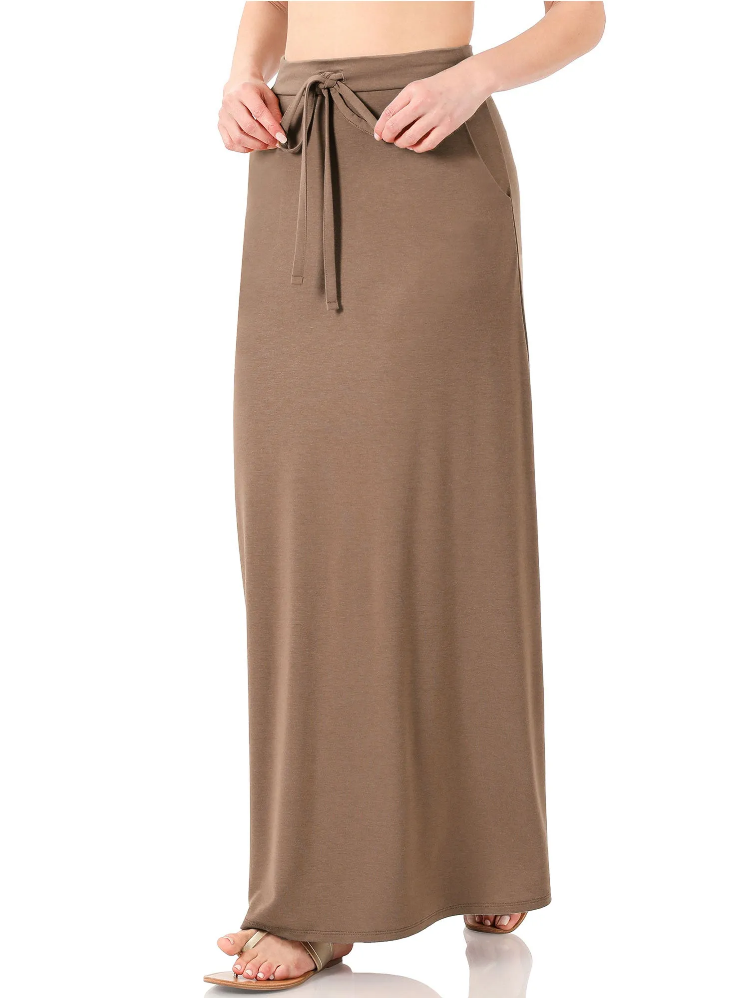 Womens Casual Maxi Skirt with Waist Drawstring and Side Pockets (S-3X)