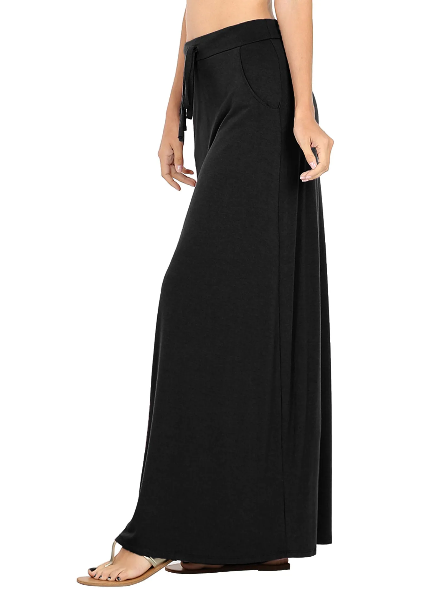 Womens Casual Maxi Skirt with Waist Drawstring and Side Pockets (S-3X)