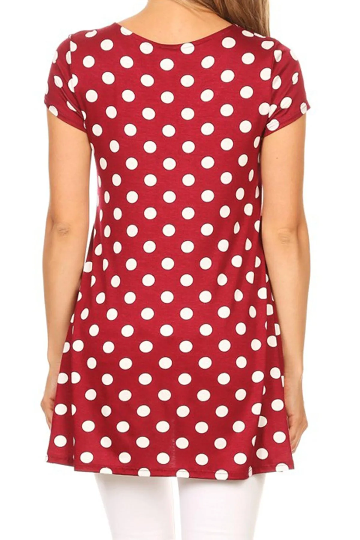 Women's Casual Polka Dot Short Sleeve Round Neck Tunic Tops with Side Pockets