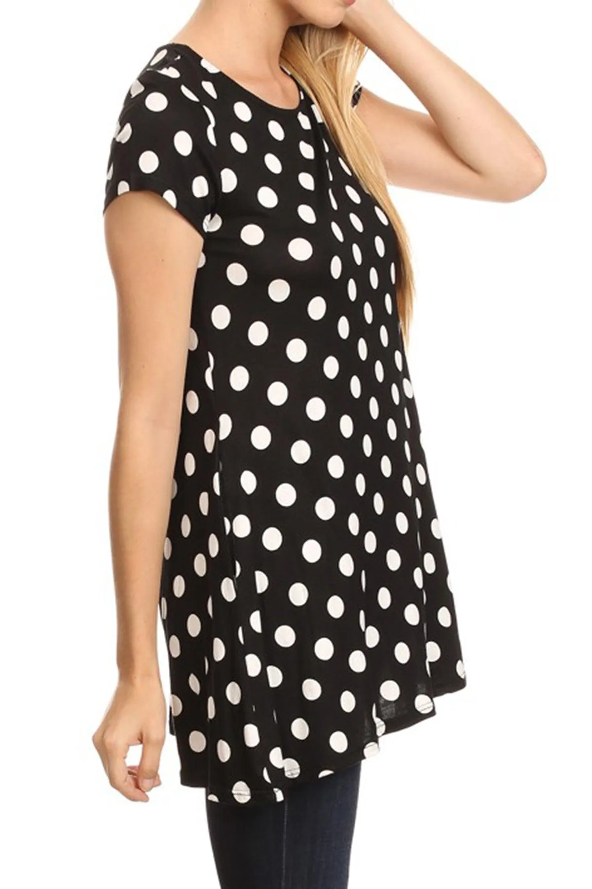 Women's Casual Polka Dot Short Sleeve Round Neck Tunic Tops with Side Pockets