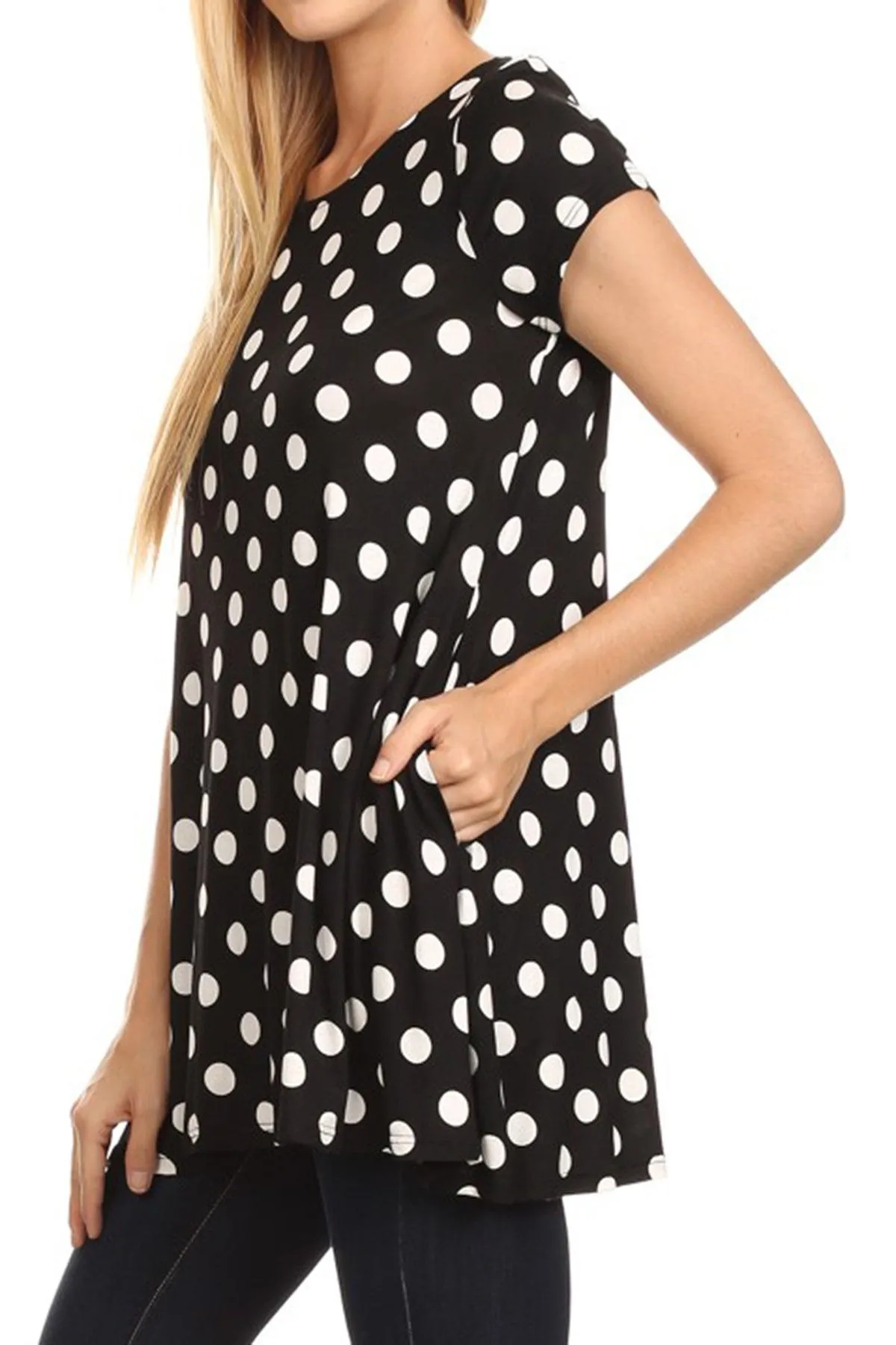 Women's Casual Polka Dot Short Sleeve Round Neck Tunic Tops with Side Pockets