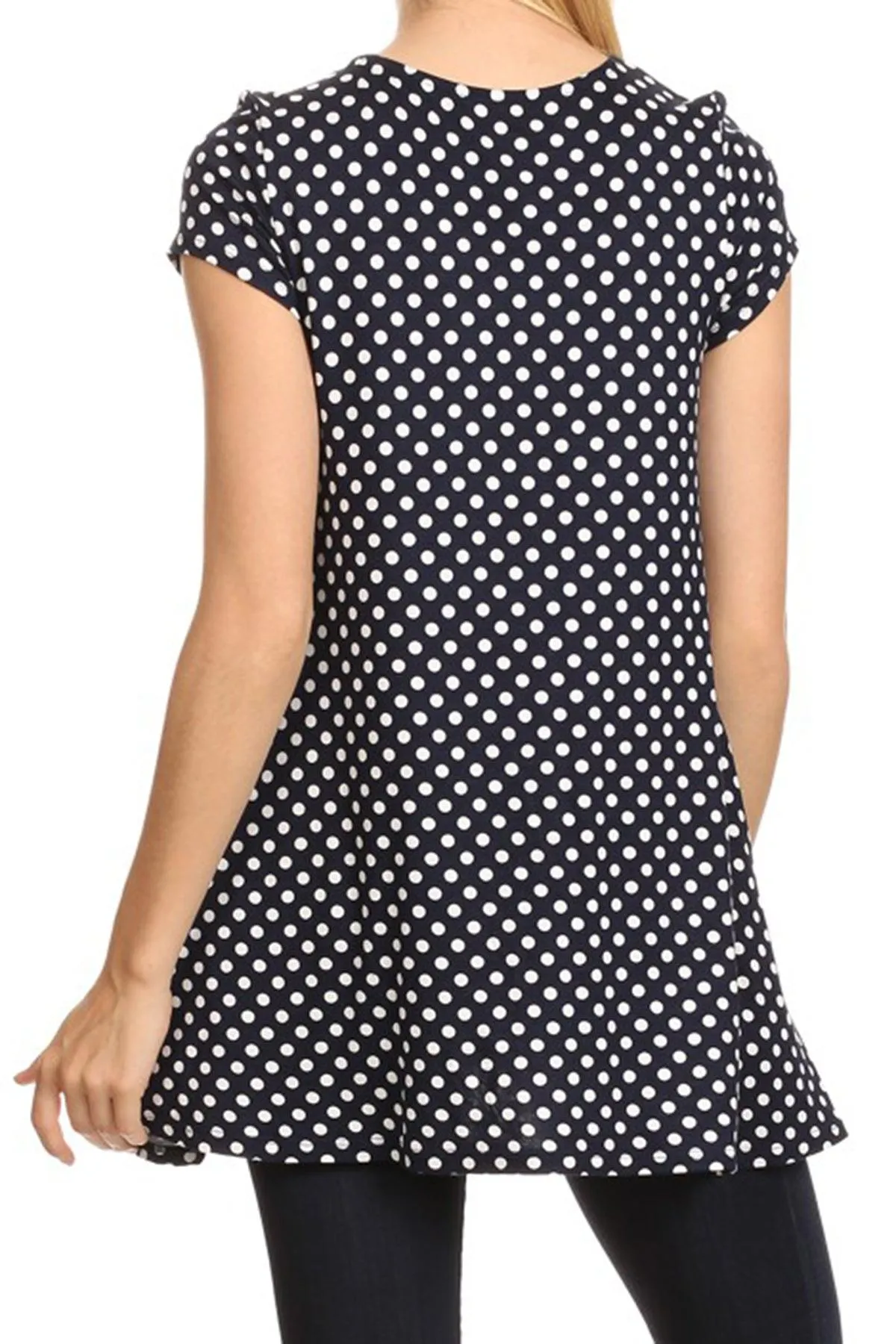 Women's Casual Polka Dot Short Sleeve Round Neck Tunic Tops with Side Pockets