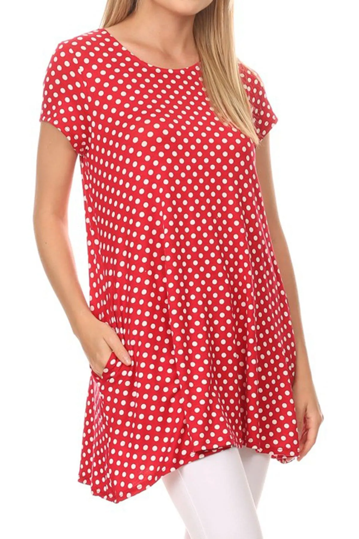 Women's Casual Polka Dot Short Sleeve Round Neck Tunic Tops with Side Pockets