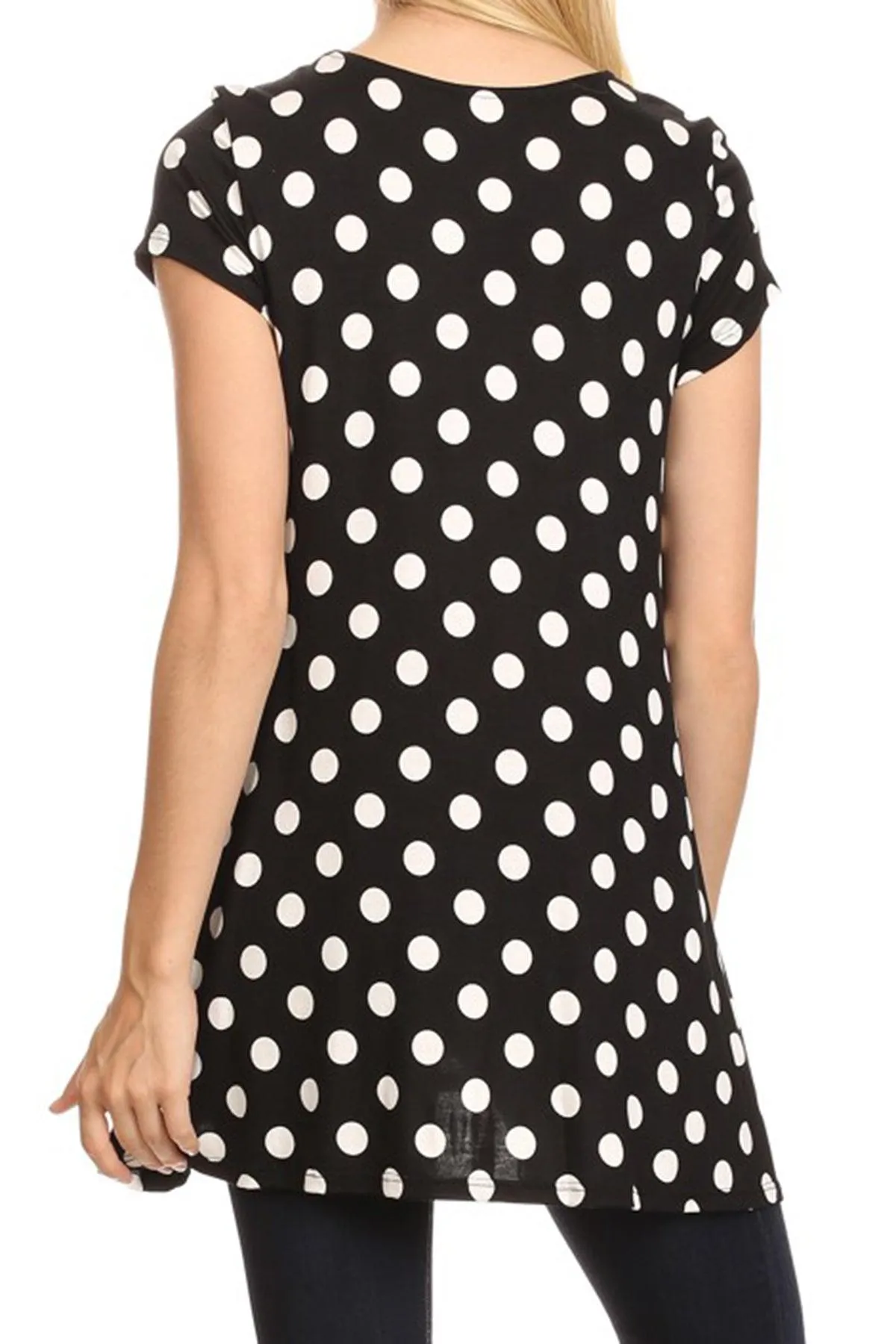 Women's Casual Polka Dot Short Sleeve Round Neck Tunic Tops with Side Pockets