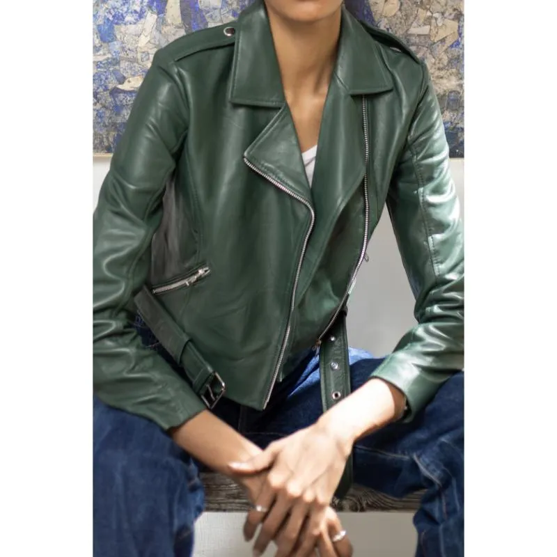 Womens Green Cropped Leather Jacket