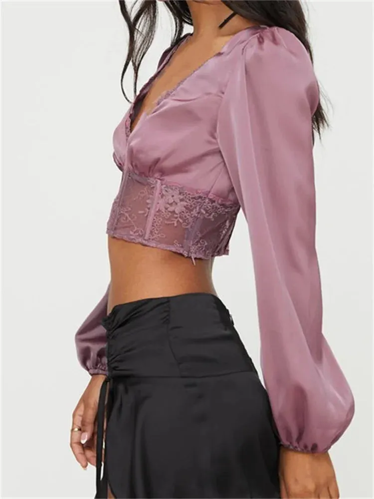 Women's Lace Patchwork Long Sleeve V Neck Floral Backless Blouse