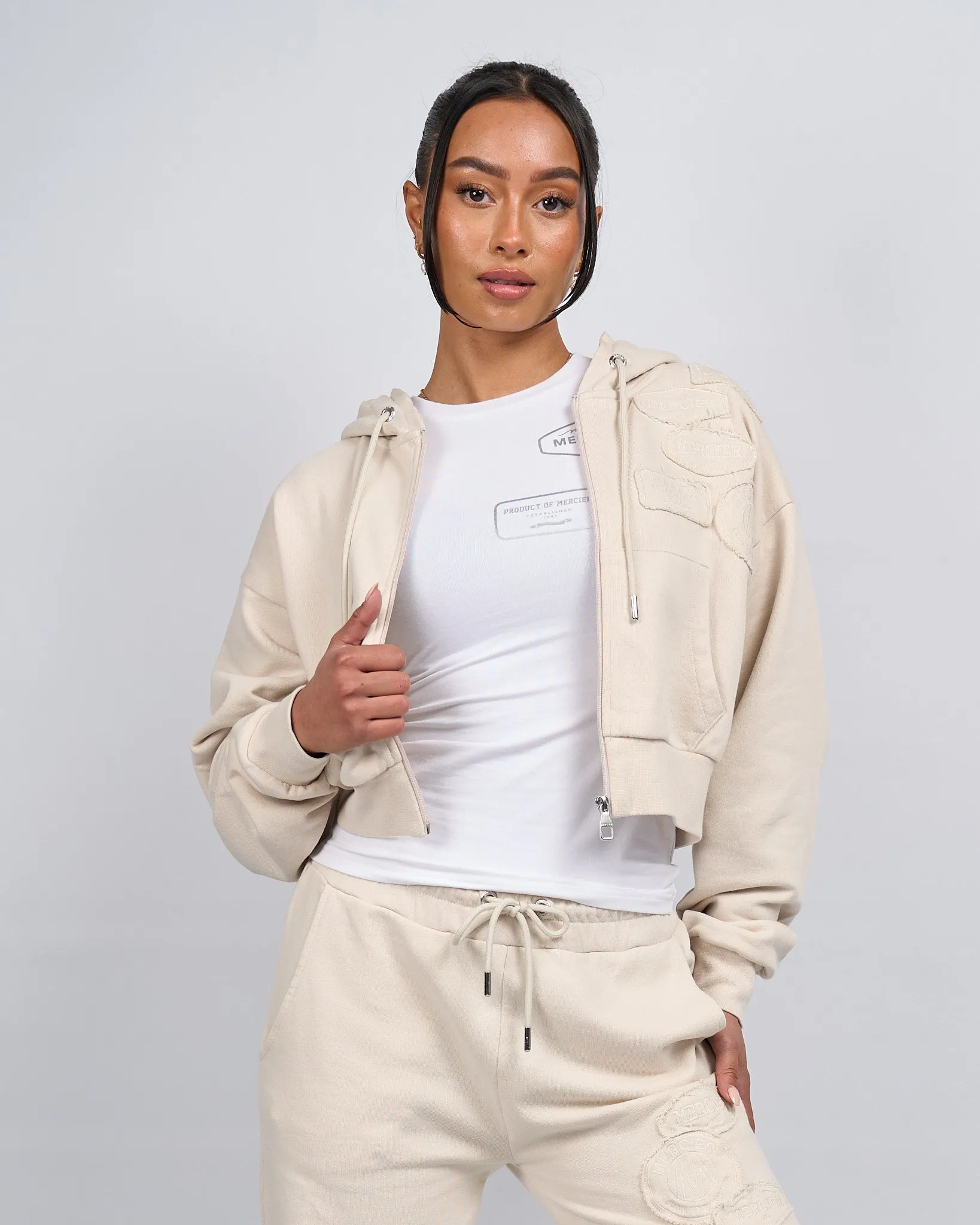 Womens Stone OG Badge Raw Cropped Hoodie