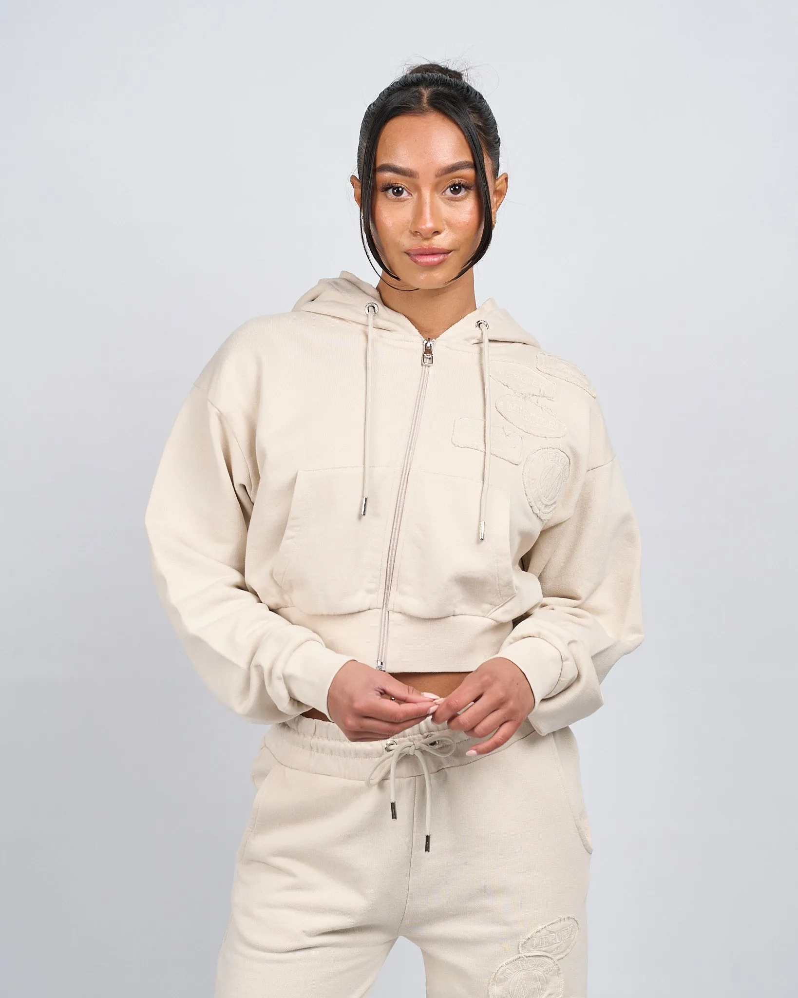 Womens Stone OG Badge Raw Cropped Hoodie