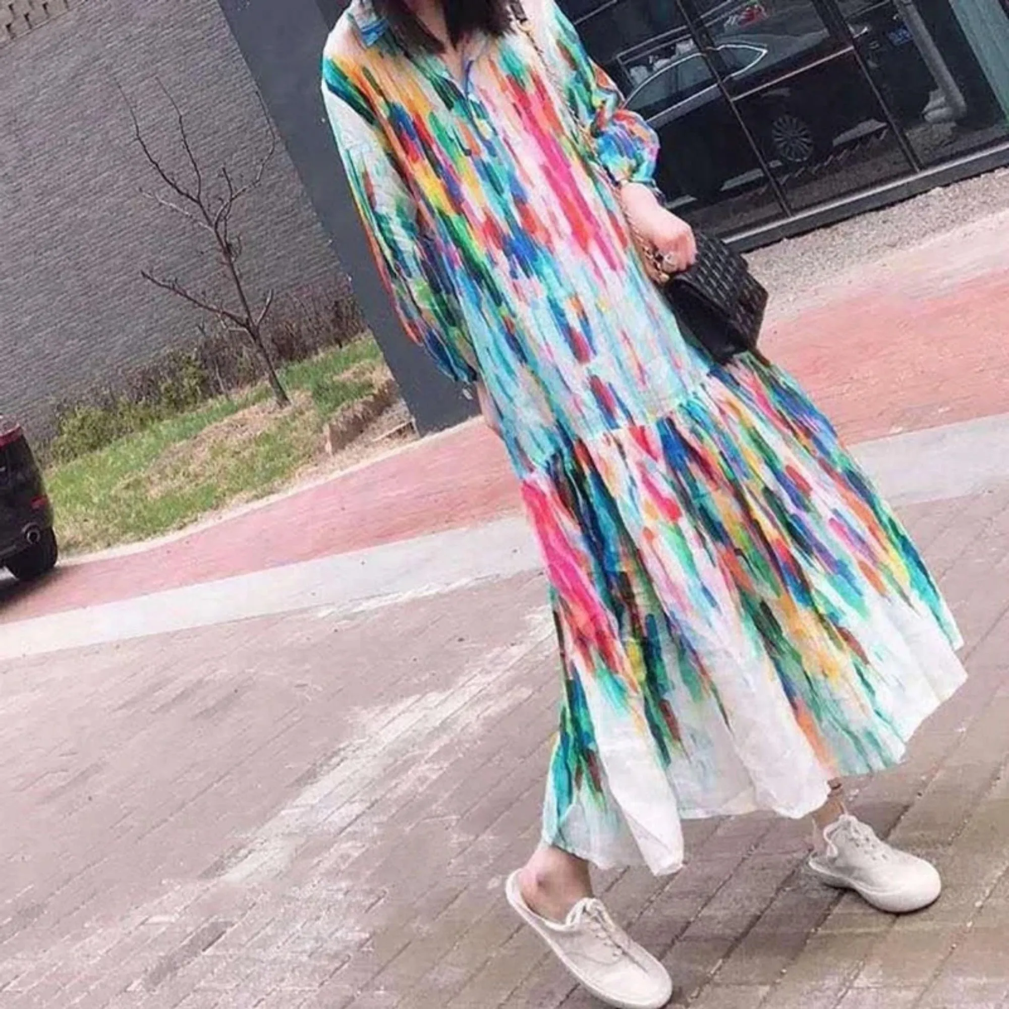 Women's Summer Polyester Loose V-Neck Long Dress