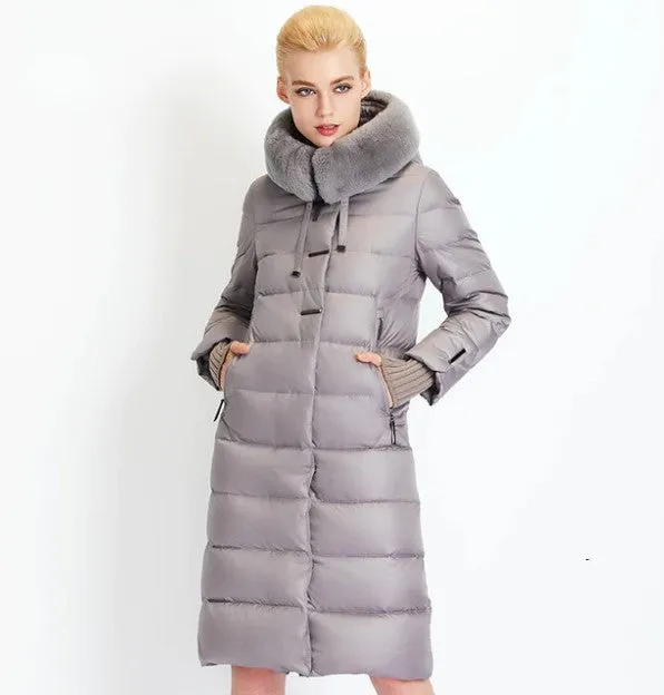 Women's Winter Warm Thick Medium Length Coat With Rabbit Fur On Hood