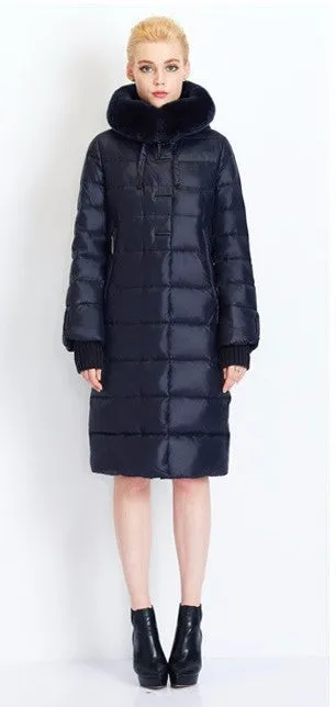 Women's Winter Warm Thick Medium Length Coat With Rabbit Fur On Hood