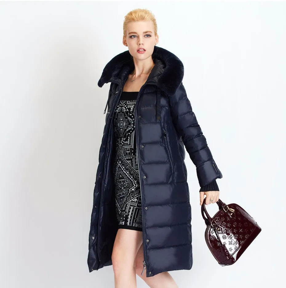 Women's Winter Warm Thick Medium Length Coat With Rabbit Fur On Hood