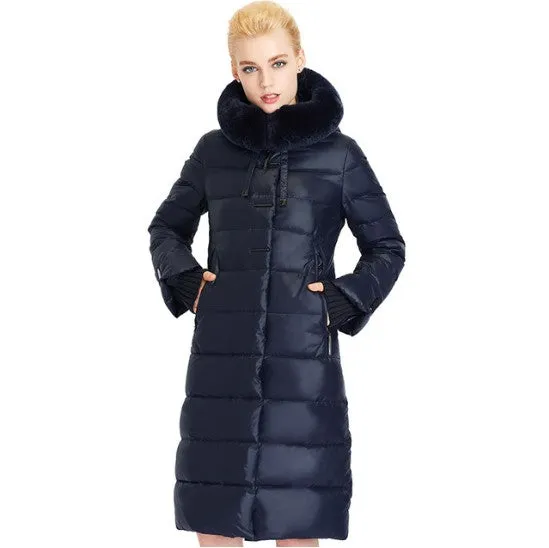 Women's Winter Warm Thick Medium Length Coat With Rabbit Fur On Hood