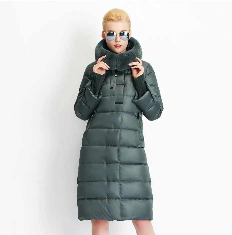 Women's Winter Warm Thick Medium Length Coat With Rabbit Fur On Hood