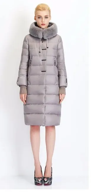 Women's Winter Warm Thick Medium Length Coat With Rabbit Fur On Hood