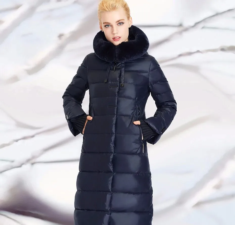 Women's Winter Warm Thick Medium Length Coat With Rabbit Fur On Hood