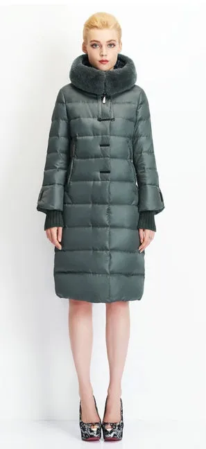 Women's Winter Warm Thick Medium Length Coat With Rabbit Fur On Hood