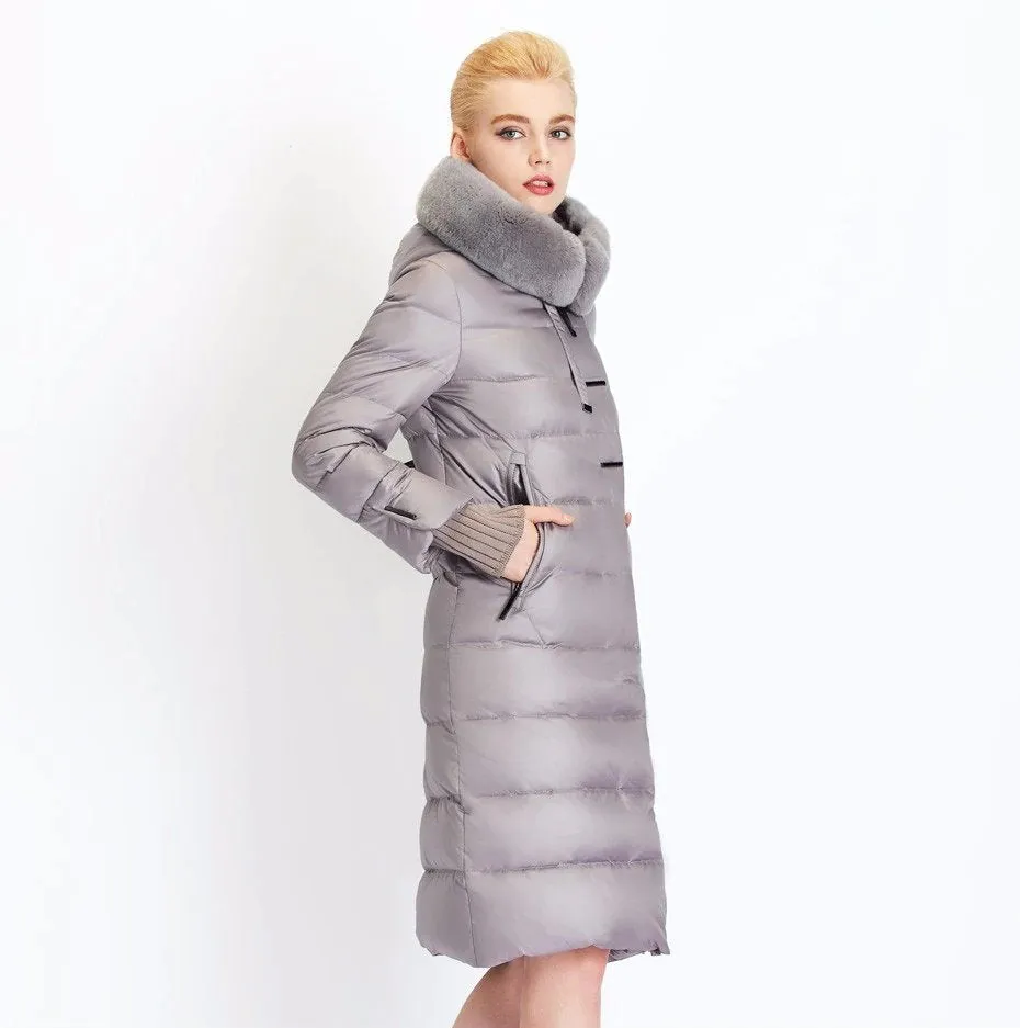 Women's Winter Warm Thick Medium Length Coat With Rabbit Fur On Hood