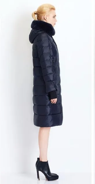 Women's Winter Warm Thick Medium Length Coat With Rabbit Fur On Hood