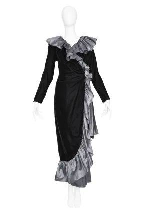 YVES SAINT LAURENT YSL BLACK VELVET & SILVER TAFFETA RUFFLE GOWN